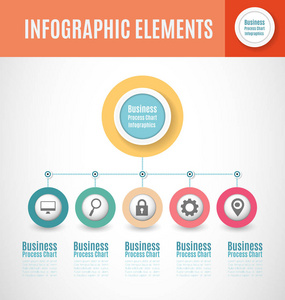 业务流程图图表5步段。循环公司时间线图表元素。公司演示文稿幻灯片模板。现代矢量信息图形布局设计
