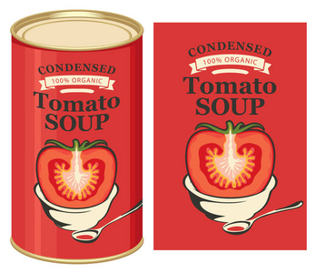 红色背景和锡罐头的番茄浓缩番茄汤标签的矢量图解与此标签