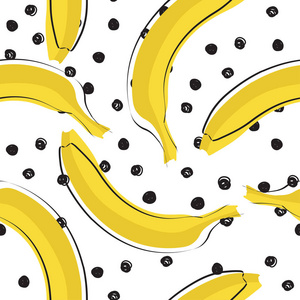 无缝的时尚模式与新鲜的黄色香蕉在波尔卡点背景的扁平风格。用于布料纺织包装t恤百慕大等设计的香蕉图案