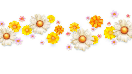 春季花卉抽象图案与花蕾的夏花。一组白色的野花。雏菊, 菊花, 封面模板, 婚礼请柬, 海报, 广告横幅
