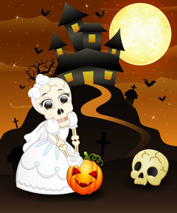 黑暗女头卡通与女性头骨新娘抱着南瓜和骷髅头万圣节背景照片