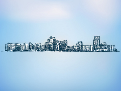 城市景观素描与蓝蓝的天空