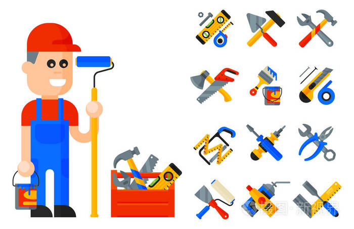上门维修工具图标工作施工设备设置和服务工人 macter 人性格平面样式