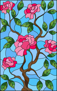 在蓝色背景上的粉红玫瑰彩绘玻璃风格花卉图