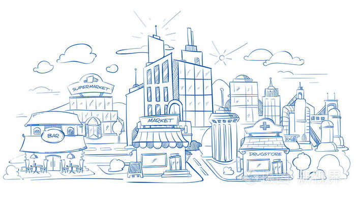 城市景观与现代建筑铅笔素描, 手绘, 涂鸦矢量插图插画-正版商用图片0