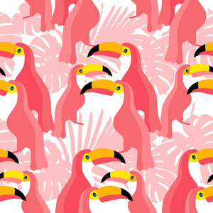 无缝矢量背景。热带的背景上的粉红色的巨嘴鸟。矢量图