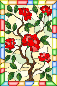 彩色玻璃风格朵的红玫瑰在一个明亮的框架中的光背景上的插图