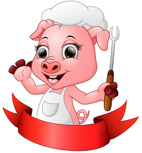 可爱的卡通厨师猪拿着叉子