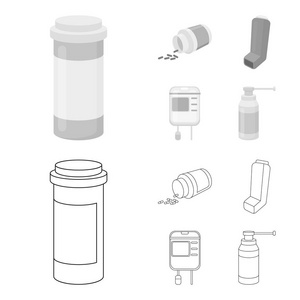 药片, 吸入器, 带血的容器, 喷雾。医学集合图标概述, 单色风格矢量符号股票插画网站