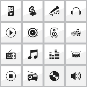 16 可编辑媒体图标集。包括如打破音乐耳机，酒吧波和更多的符号。可用于 Web 移动 Ui 和数据图表设计