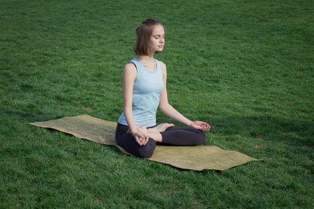年轻美貌与瑜伽垫绿色的草地上适合女人 doeing 瑜伽 asans