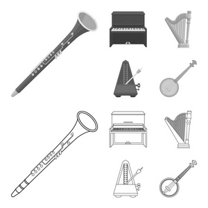 班卓琴, 钢琴, 竖琴, 节拍器。乐器集合图标的轮廓, 单色的矢量符号股票插画网站