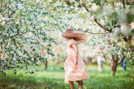 可爱的女孩在盛开的苹果树木园享受温暖的一天