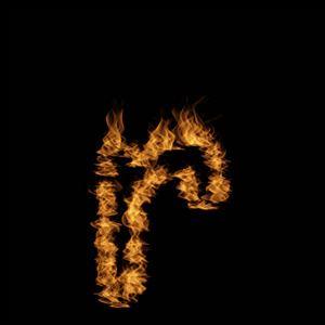 在黑色背景上燃烧火焰制成的字母字体 R