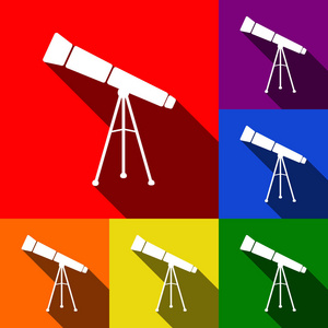 望远镜简单的符号。矢量。一套与平面阴影在红色 橙色 黄色 绿色 蓝色和紫色背景图标