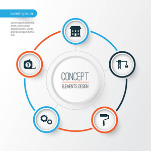 施工图标设置。起重吊钩 测量工具 油漆滚筒和其他元素的集合。此外包括符号，例如家庭，齿轮，大楼