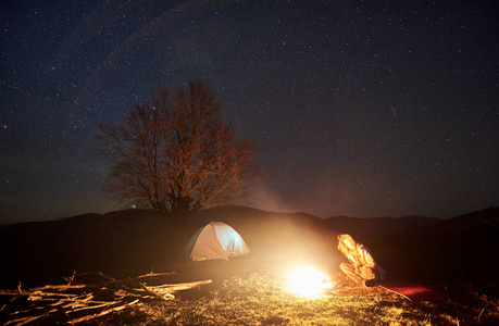 在山上露营的夜晚。年轻女子背包客在深暗的星空下, 在燃烧的篝火旁休息。发光的帐篷和大树的剪影背景。旅游和旅游概念