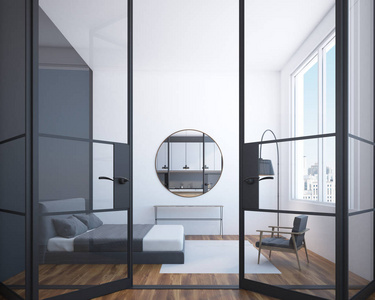 现代卧室内有木地板, 墙上有一个大窗户和一张圆形镜子。玻璃门。3d 渲染