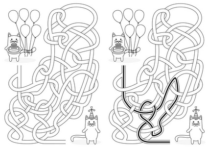 提供的猫小猫生日聚会-为孩子们提供黑白解决方案的迷宫照片