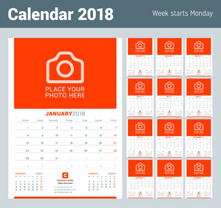 墙上月历为 2018 年。矢量设计打印模板与照片的地方。在周一的周开始。在页上的 3 个月
