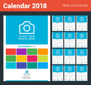 墙上月历为 2018 年。矢量设计打印模板与照片的地方。在周一的周开始。在页上的 3 个月