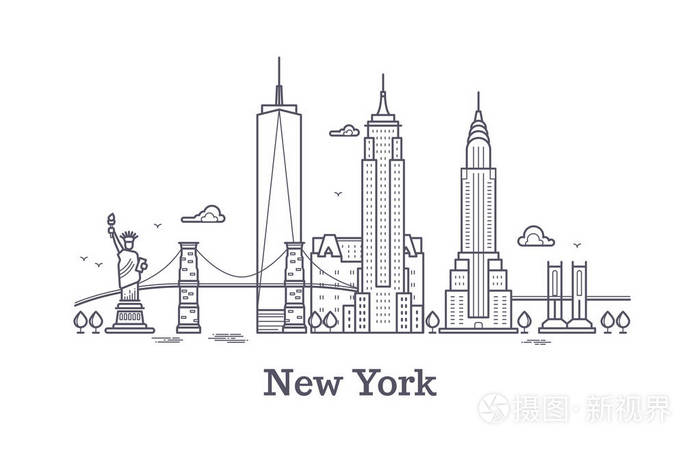 纽约市轮廓天际线, 纽约市线剪影, 美国旅游和旅游矢量概念插画-正版