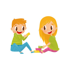 兄弟姐妹一起玩得很开心.彩色平面矢量设计照片