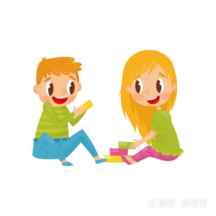 兄弟姐妹一起玩得很开心.彩色平面矢量设计
