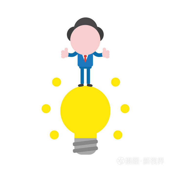 矢量插画商人吉祥物人物站在发光的黄色灯泡, 好主意, 竖起大拇指