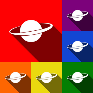 在空间星座的行星。矢量。一套与平面阴影在红色 橙色 黄色 绿色 蓝色和紫色背景图标