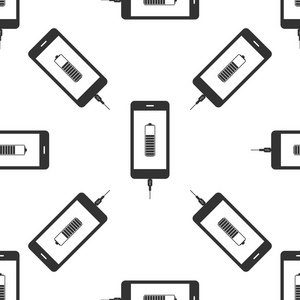 智能手机电池充电图标无缝模式在白色背景上。电话与低，电池充电和 Usb 连接。平面设计。矢量图