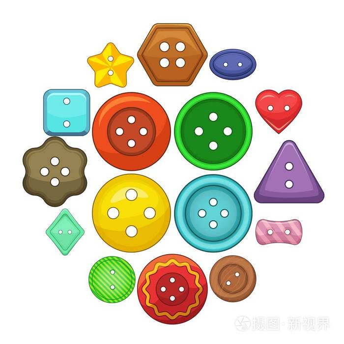 服装钮扣图标套装, 卡通风格
