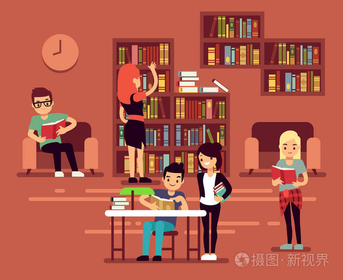 亚历山, 学校图书馆内部与学生向量例证
