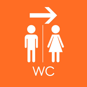 Wc，厕所平面矢量图标。男人和女人签收橙色背景上厕所