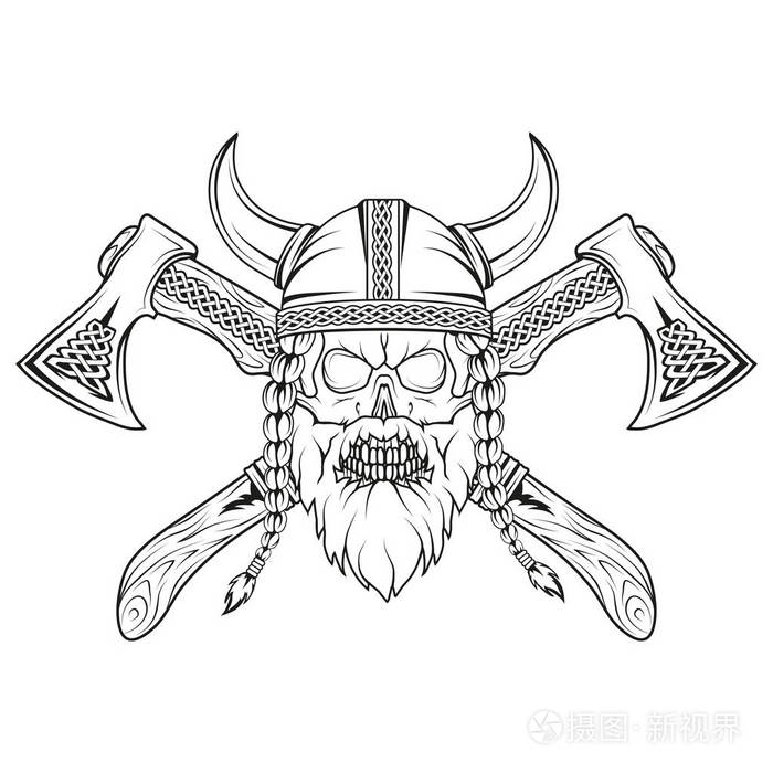 手画的一个维京人在头盔.用传统武器绘制维京头像.矢量图稿