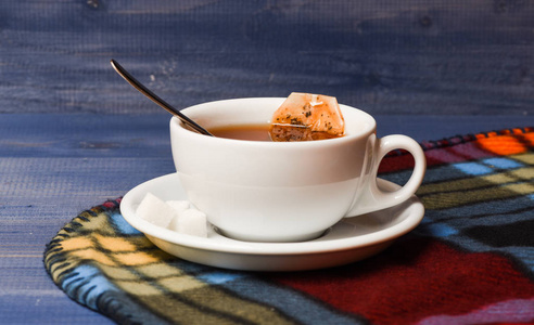 茶杯与蘸茶袋的方格格子。饮料酿造过程在杯子。秋季饮品的概念。杯子充满热黑色酿造茶和勺子在五颜六色的舒适格子背景