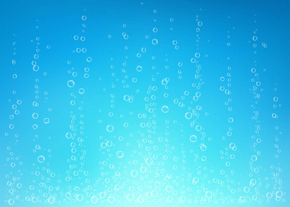 水下嘶空气, 水或氧气气泡在蓝色背景。海水中的气泡, 水族馆。汽酒.具有阳光照射的海底矢量纹理