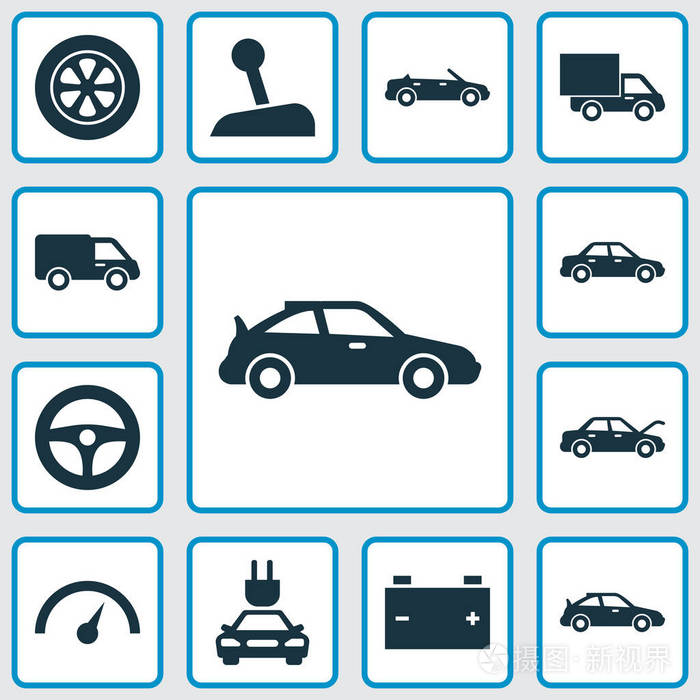 汽车图标设置.天文钟,固定,卡车和其他元素的集合.