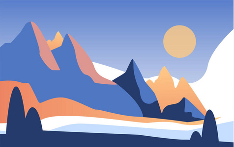 美丽的自然风光, 自然风光与群山在阳光下的矢量插画照片