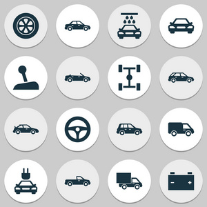 汽车图标设置。运输清洁 汽车 汽车和其他元素的集合。此外包括汽车 电池 轴距等符号