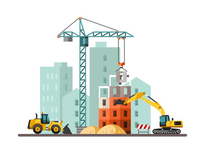 房屋和建筑机械的建设工作进程.矢量图照片