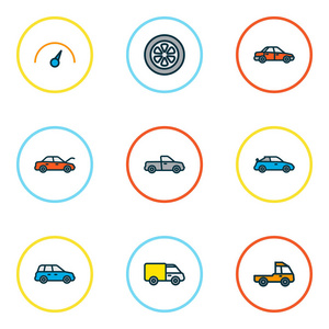 汽车图标彩色线设置与交叉, 敞篷, 面包车和其他汽车元素。独立矢量插图汽车图标