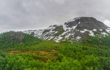 挪威，绿色的小山和山的风景美丽的山水风光景色部分覆盖着雪