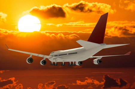 乘客飞机在日落。3d 渲染插图