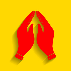 手图标图。祷告的符号。矢量。与柔和的阴影，在金色的背景上的红色图标
