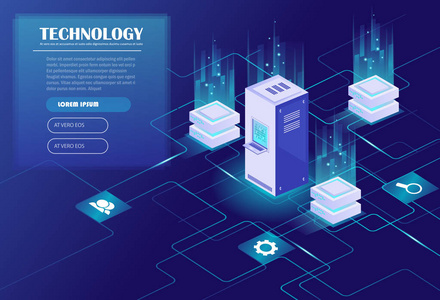 网络托管和大数据处理, 服务器机房机架。数据中心, 云存储技术。能源站概念。等距向量图