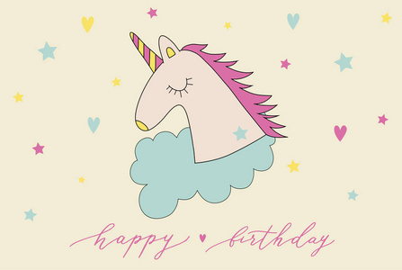 快乐的生日贺卡与可爱的独角兽图标矢量。多彩设计