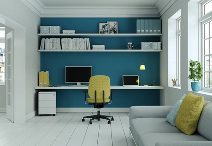现代家庭办公室与黄色椅子和蓝色墙壁内部设计3d 渲染