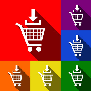 添加到购物车标志。矢量。一套与平面阴影在红色 橙色 黄色 绿色 蓝色和紫色背景图标