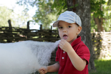 滑稽的小男孩吃棉花糖在公园, 他惊奇, 他的嘴是开放的, 暑假假期, 愉快的夏天概念